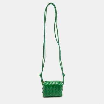 Pre Owned Bottega Veneta Green Intrecciato Patent Leather Candy Loop Crossbody Bag