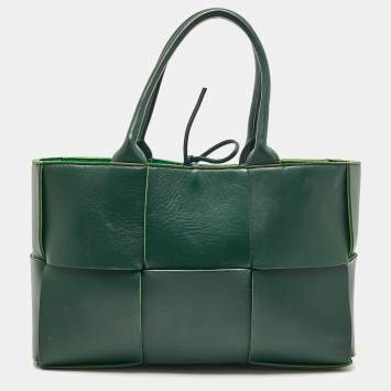 Pre Owned Bottega Veneta Dark Green Intreccio Leather Small Arco Tote