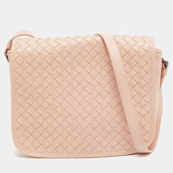 Pre Owned Bottega Veneta Blush Pink Intrecciato Leather Flap Crossbody Bag