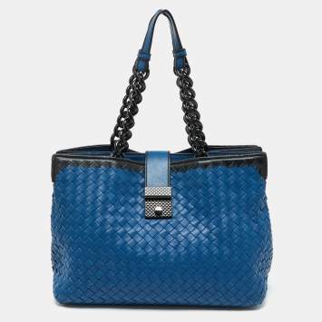 Pre Owned Bottega Veneta Blue/Black Intrecciato Leather Tote