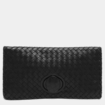 Pre Owned Bottega Veneta Black Intrecciato Leather Twist Lock Clutch