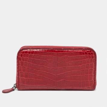 Pre Owned Bottega Veneta Red Crocodile Zip Around Wallet