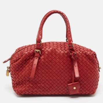 Pre Owned Bottega Veneta Red Intrecciato Leather Montaigne Satchel