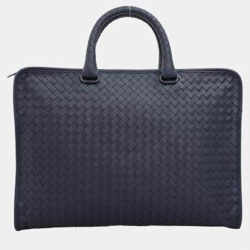 Pre Owned Bottega Veneta Blue Leather Intreciatto Laptop Briefcase Bag