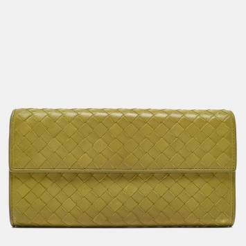 Pre Owned Bottega Veneta Lime Green Intrecciato Leather Flap Continental Wallet