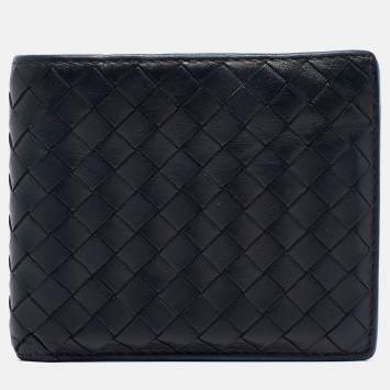 Pre Owned Bottega Veneta Black/Blue Intrecciato Leather Bifold Compact Wallet