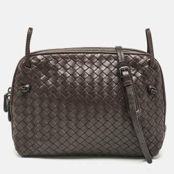 Pre Owned Bottega Veneta Dark Brown Intrecciato Leather Leather Nodini Crossbody Bag