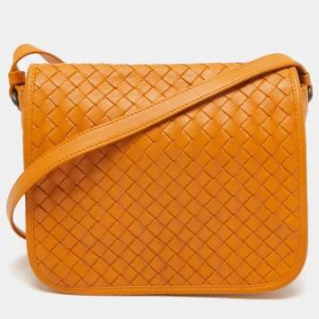 Pre Owned Bottega Veneta Orange Intrecciato Leather Full Flap Crossbody Bag