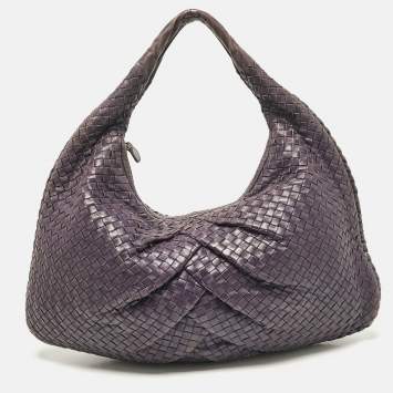Pre Owned Bottega Veneta Purple Intrecciato Leather Large Pleated Veneta Hobo