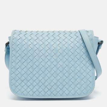 Pre Owned Bottega Veneta Light Blue Intrecciato Leather Flap Crossbody Bag