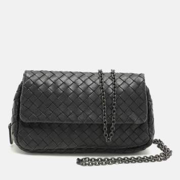 Pre Owned Bottega Veneta Black Intrecciato Leather Flap Chain Crossbody Bag