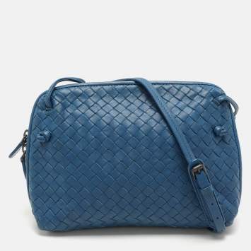 Pre Owned Bottega Veneta Blue Intrecciato Leather Nodini Crossbody Bag