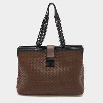 Pre Owned Bottega Veneta Brown/Black Intrecciato Leather and Karung Chain Tote