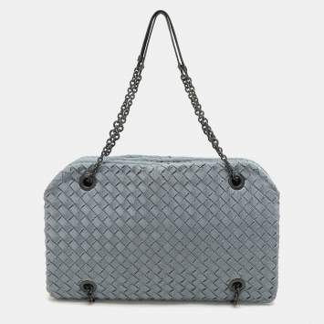 Pre Owned Bottega Veneta Light Blue Intrecciato Fabric Duo Shoulder Bag