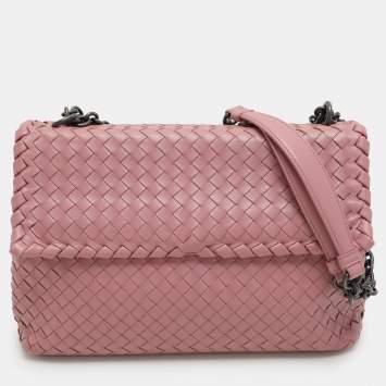 Pre Owned Bottega Veneta Pink Intrecciato Leather Medium Olimpia Flap Shoulder Bag