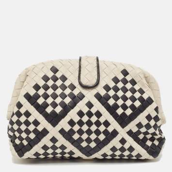 Pre Owned Bottega Veneta Off White/Black Intrecciato Leather Lauren 1980 Clutch