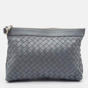 Pre Owned Bottega Veneta Grey Intrecciato Leather Oversized Zip Pouch 
