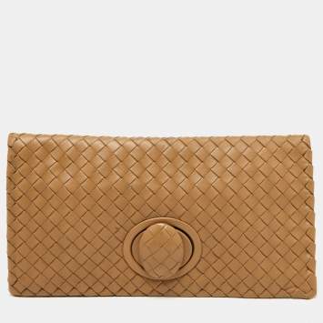 Pre Owned Bottega Veneta Beige Intrecciato Leather Twist Lock Flap Clutch