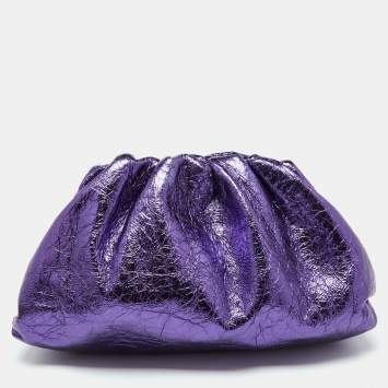 Pre Owned Bottega Veneta Metallic Purple Crinkled Leather Classic Pouch Clutch
