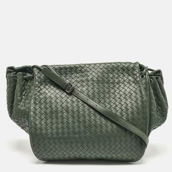 Pre Owned Bottega Veneta Green Intrecciato Leather Flap Messenger Bag