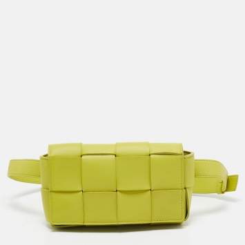 Pre Owned Bottega Veneta Neon Green Leather Intrecciato Cassette Belt Bag