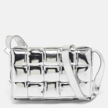 Pre Owned Bottega Veneta Silver Leather Intrecciato Cassette Padded Shoulder Bag