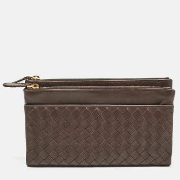 Pre Owned Bottega Veneta Brown Intrecciato Leather Bifold Zip Wallet