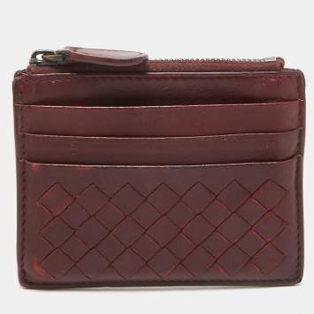 Pre Owned Bottega Veneta Burgundy Intrecciato Leather Zip Card Holder 