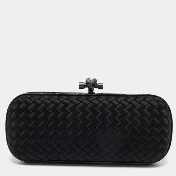 Pre Owned Bottega Veneta Black Intrecciato Satin and Watersnake Leather Knot Long Clutch