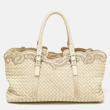 Pre Owned Bottega Veneta Off White Intrecciato Leather Embroidered Trim Tote