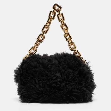 Pre Owned Bottega Veneta Black Shearling Fur Classic The Pouch Chain Clutch