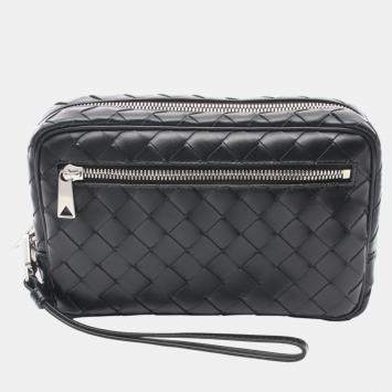 Pre Owned Bottega Veneta Black Leather Intrecciato Small Wristlet Bag