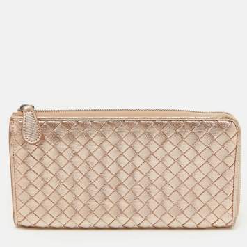 Pre Owned Bottega Veneta Metallic Intrecciato Leather Zip Around Wallet