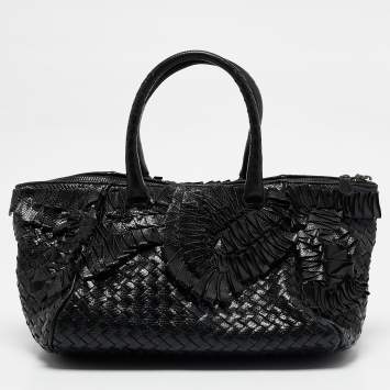 Pre Owned Bottega Veneta Black Intrecciato Lizard Ruffled Satchel