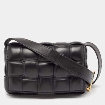 Pre Owned Bottega Veneta Black Intreccio Padded Leather Small Cassette Shoulder Bag