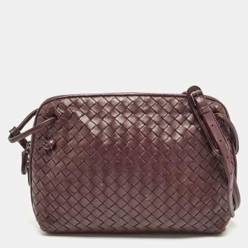 Pre Owned Bottega Veneta Burgundy Intrecciato Leather Nodini Crossbody Bag