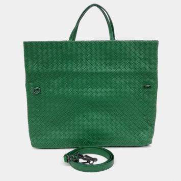 Pre Owned Bottega Veneta Green Leather Mesh Tote And Shoulder Bag