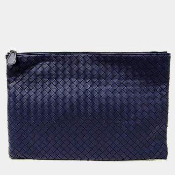 Pre Owned Bottega Veneta Navy Blue Leather Mesh Clutch