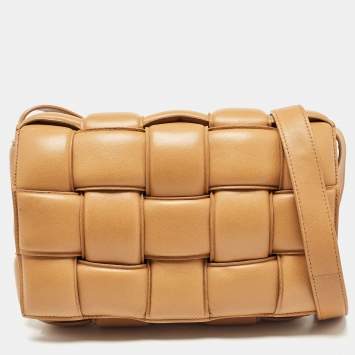 Pre Owned Bottega Veneta Tan Intreccio Leather Padded Cassette Shoulder Bag