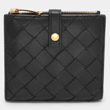 Pre Owned Bottega Veneta Black Intrecciato Leather French Wallet