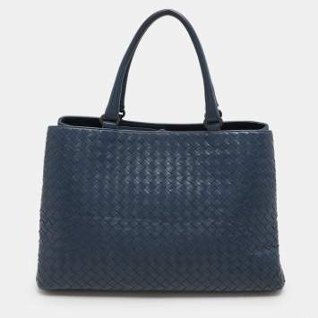 Pre Owned Bottega Veneta Blue Intrecciato Leather Tote