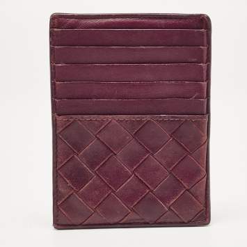 Pre Owned Bottega Veneta Burgundy Intrecciato Leather Zip Card Holder