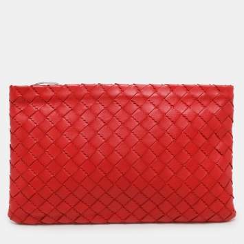 Pre Owned Bottega Veneta Red Intrecciato Leather Zip Pouch