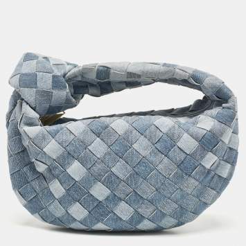 Pre Owned Bottega Veneta Blue Denim Effect Intrecciato Leather Mini Jodie Hobo