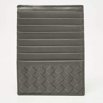 Pre Owned Bottega Veneta Grey Intrecciato Leather Zip Card Holder
