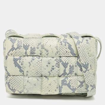 Pre Owned Bottega Veneta Light Turquoise/Blue Python Embossed Leather Padded Cassette Shoulder Bag
