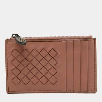 Pre Owned Bottega Veneta Dusty Pink Leather Intrecciato Zip Card Case