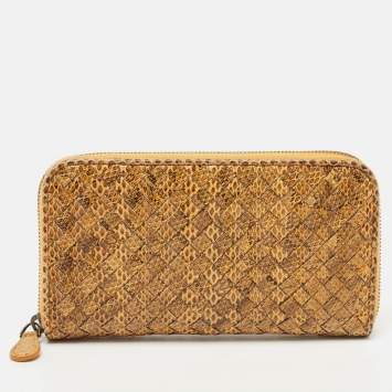 Pre Owned Bottega Veneta Orange/Black Karung Leather Zip Continental Wallet