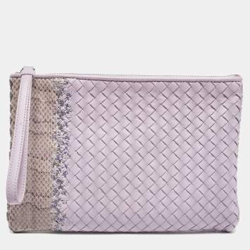 Pre Owned Bottega Veneta Lavender Ayers and Leather Wristlet Clutch
