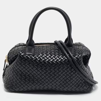 Pre Owned Bottega Veneta Black Intrecciato Leather Medium Bauletto Bag